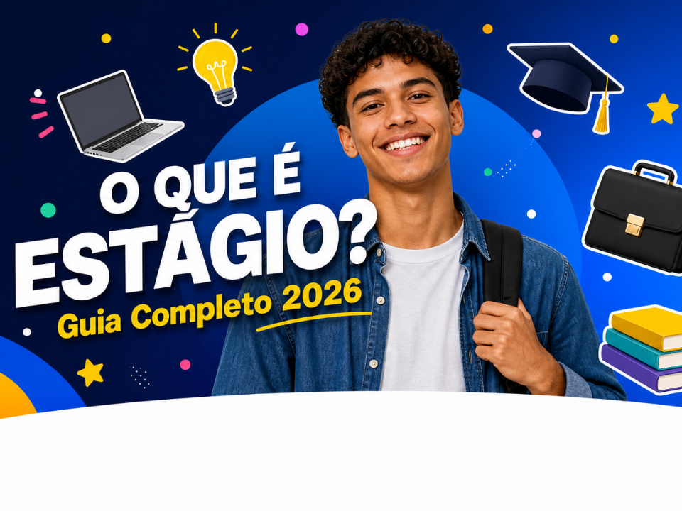 Estudante universitário sorrindo rodeado de ícones de trabalho e aprendizado — guia completo sobre o que é estágio em 2026